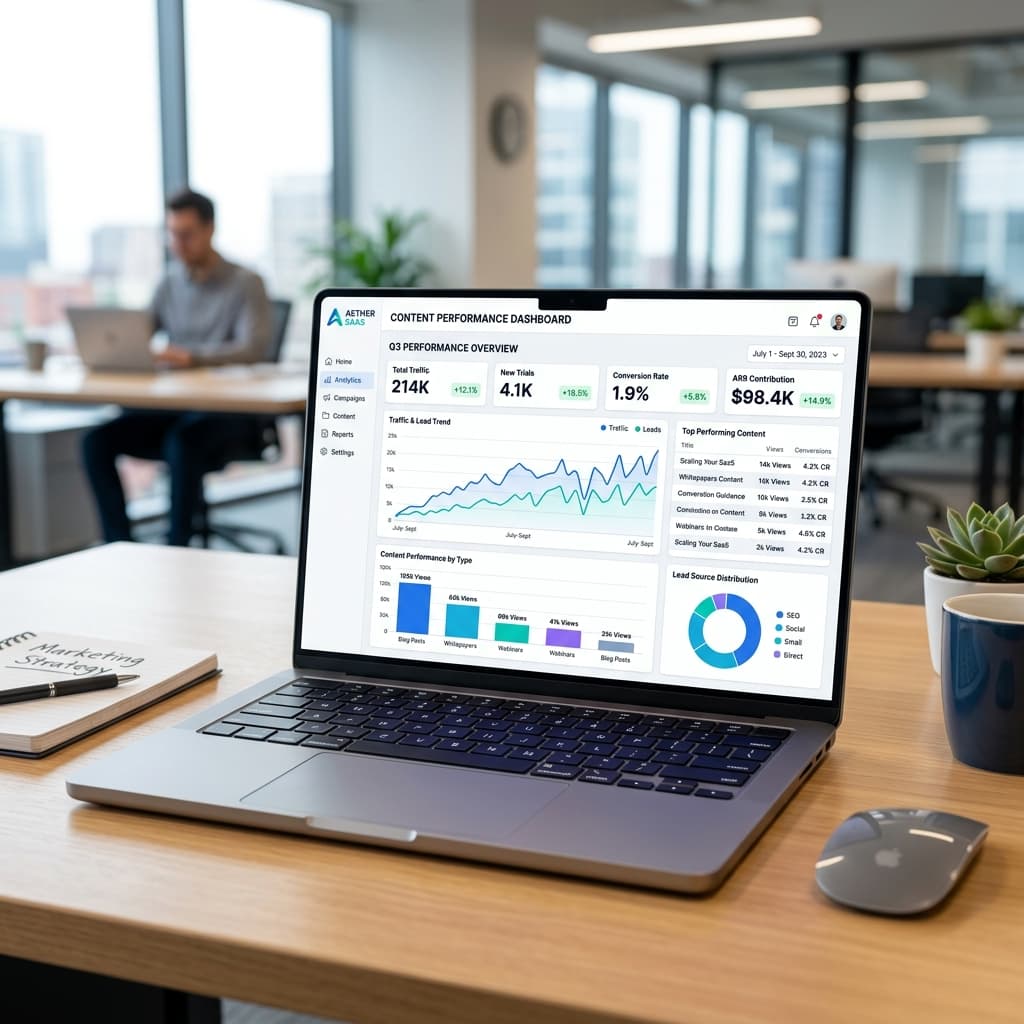 Laptop displaying marketing analytics dashboard with charts and metrics tracking SaaS content performance