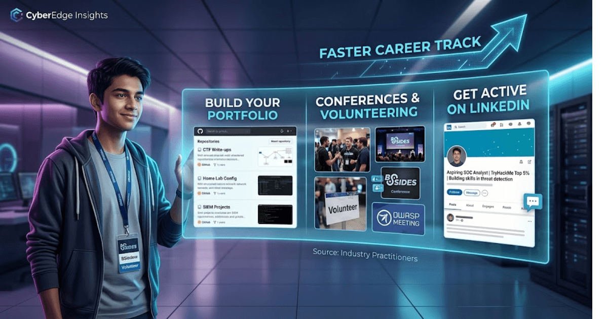 A young cybersecurity professional in a server room looking at a glowing holographic display titled "Faster Career Track." The interface highlights three key pillars: "Build Your Portfolio" featuring GitHub repositories, "Conferences & Volunteering" with BSides and OWASP logos, and "Get Active on LinkedIn" showing a professional profile. The individual wears a BSides volunteer lanyard, symbolizing industry engagement.
