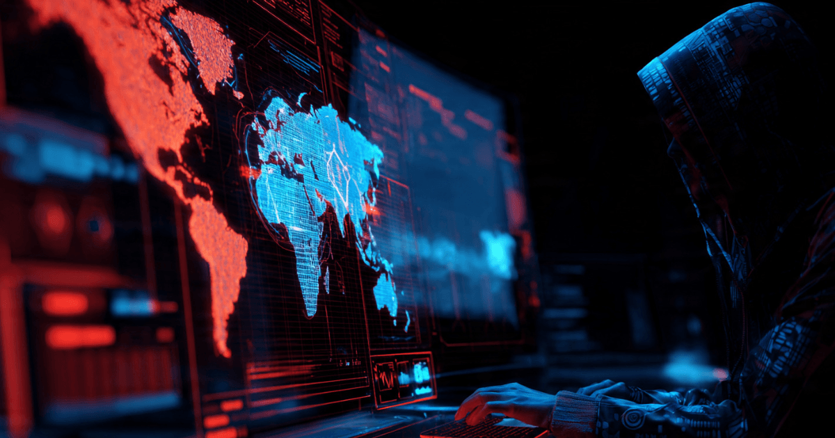 Cybersecurity workspace with digital shield protecting global network, ethical hacker monitoring cyber threats, futuristic 2026 tech scene