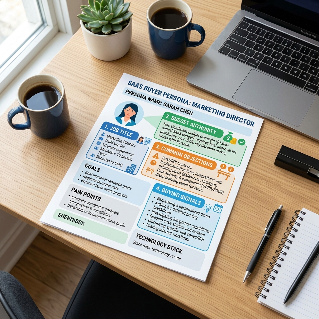 Buyer persona template showing job title, reporting line, budget authority, media consumption, key objections, and buying signals