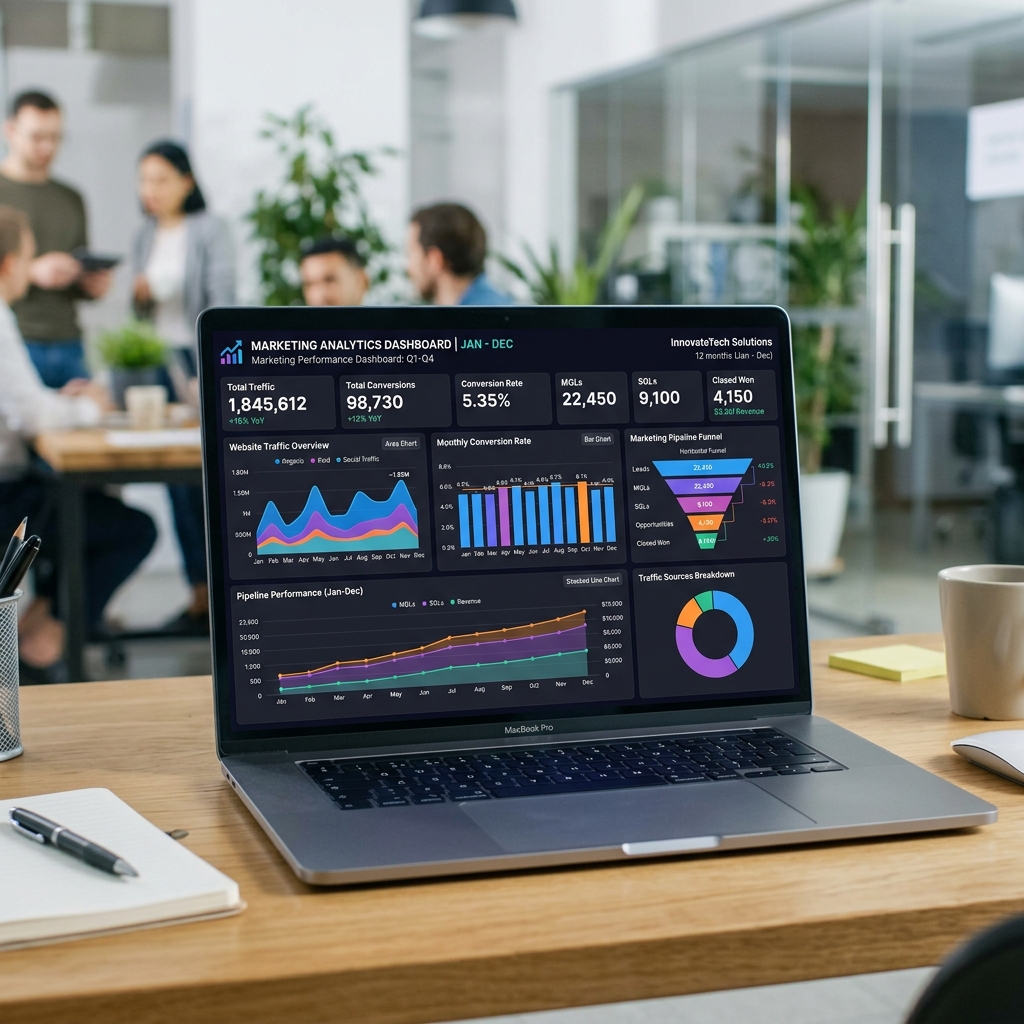 Content marketing dashboard showing traffic, conversion, and pipeline metrics over 12 months