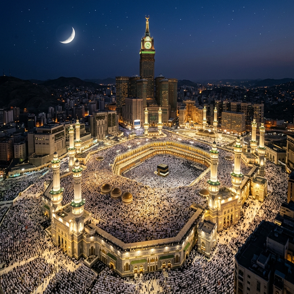 Millions of Muslim pilgrims performing Tawaf around the Kaaba at the Grand Mosque in Mecca during Dhu al-Hijjah