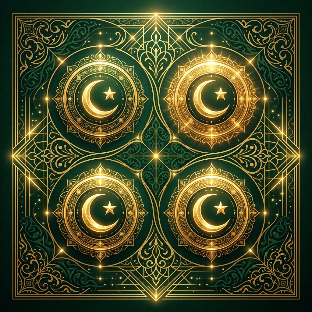 The four sacred months of Islam illustrated with golden crescent moons on a green background