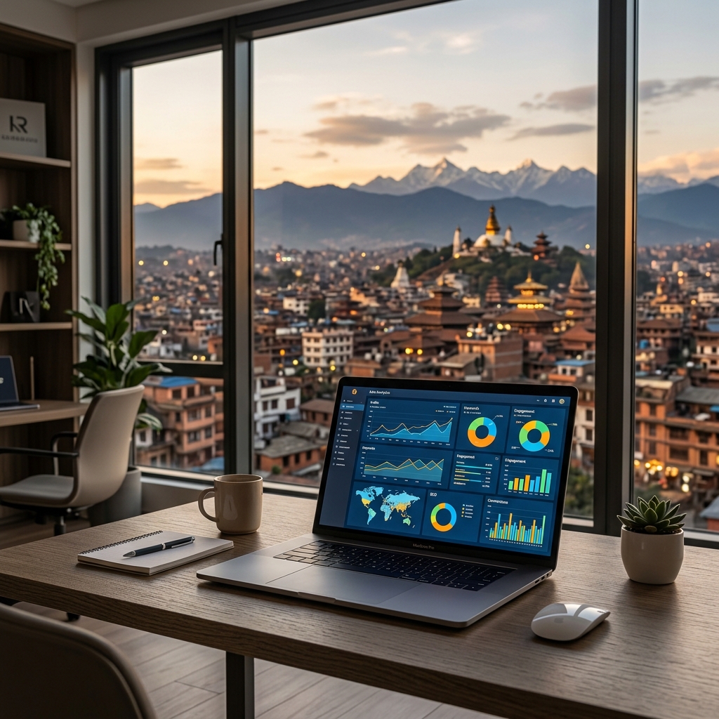 Digital marketing landscape in Kathmandu, Nepal showing data analytics on a laptop